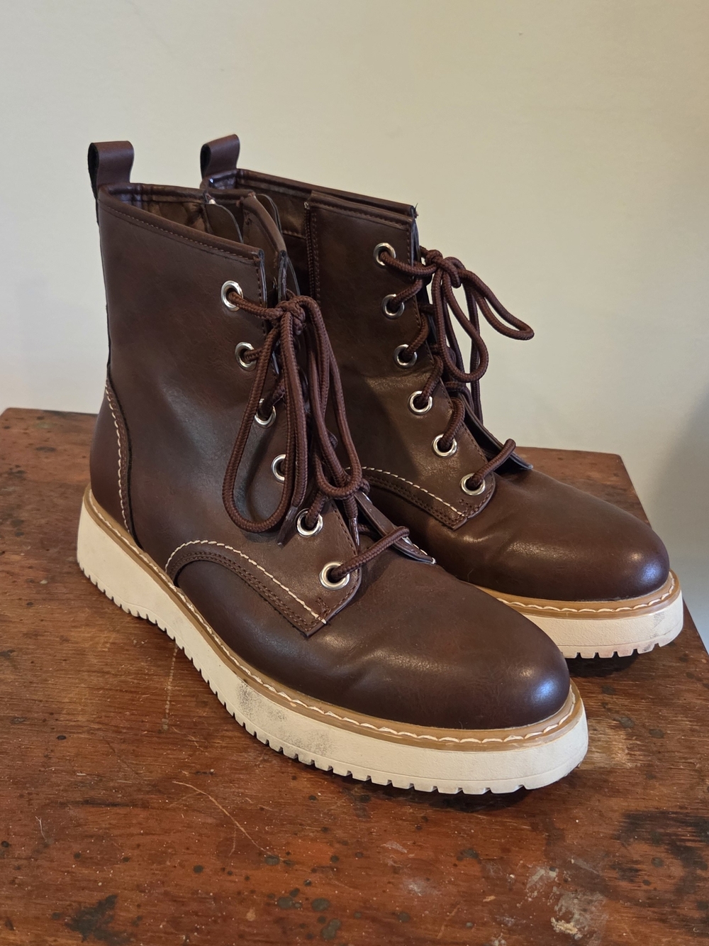 Womens Brown Lace-Up Leather Boots with Cream Sole